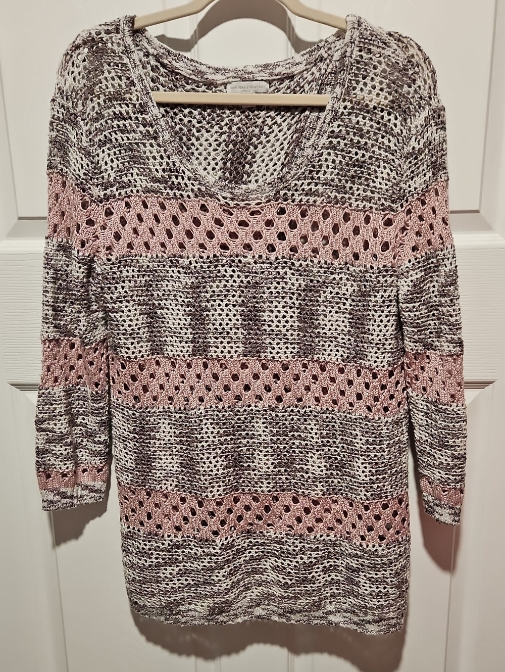 New York & Company Cream and Dusty Rose Open Knit Sweater
